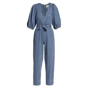 7 For All Mankind Blue Cotton Puff-Sleeve Denim Jumpsuit Size L